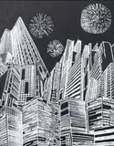 Untitled (Cityscape with Fireworks) by Janet Cooling, 2021, mixed media on canvas, sold Sep 2025