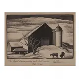Diminutive Farm Scene with Barns, Silo, and Cows by Thomas Willoughby Nason, Wood engraving on tissue, sold Sep 2019
