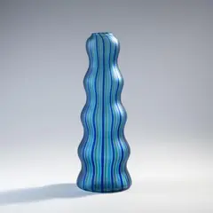 Vase 'Arado' by Alessandro Mendini, 1988, Überfangglas, farblos, senkrechte Fadenauflage in Kobaltblau, Azurblau, und Grün, vollständig mit dem Rad matt geschliff, sold Oct 2024