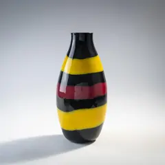 Vase 'A fasce' by Fratelli Toso, um 1961, Am Boden bez.: Zwei Herstelleretiketten (Überfangglas, farblos und tiefviolett, aufgelegt Bänder in Gelb und Rot), sold Oct 2024