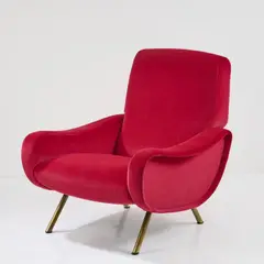 Armlehnsessel 'Lady' by Marco Zanuso, 1951, Metallrohr, vermessingt, himbeerroter Textilstoff (Arflex, Mailand), sold Oct 2024