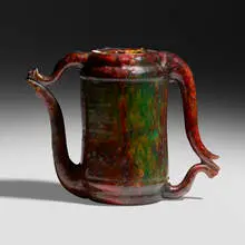 Exceptional and Rare double Cadogan teapot by George E. Ohr, 1897-1900, glazed earthenware, sold Nov 2023