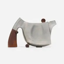 Jurisprudence teapot by Michael Jerry, c. 1993 / 2001, pewter, nickel silver, cherry, sold Jan 2022