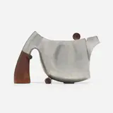 Jurisprudence teapot by Michael Jerry, c. 1993 / 2001, pewter, nickel silver, cherry, sold Jan 2022