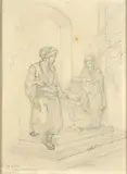 A la porte d'une mosquée, Stamboul by Jules Laurens, Crayon noir, sold Sep 2022