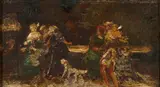 Elégantes compagnies dans un parc avec le chien de l'artiste by Adolphe Joseph Thomas Monticelli, Huile sur panneau de noyer (ancien élément de meuble), sold Sep 2022