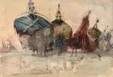Chameaux et attatichs by Georges Clairin, Aquarelle gouachée sur trait de crayon, sold Sep 2022