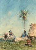 Halte de cavaliers à l'abreuvoir by Narcisse Berchère, Aquarelle gouachée sur trait de plume et encre brune, sold Sep 2022