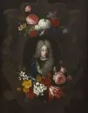 Portrait d'un homme en armure, peut-être un prince d'Orange, dans un cadre feint orné de branchages fleuris by Constantin Netscher et David Cornelisz. de Heem, Huile sur toile, sold Sep 2022