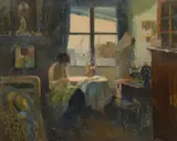 Repriseuse à sa fenêtre devant Montmartre by Élie Anatole Pavil, Huile sur toile (Toile d'origine), sold Sep 2022