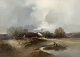 Barque sur une rivière by Eugène Deshayes, Huile sur panneau, sold Sep 2022