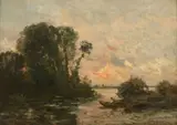 Pêcheur au couchant sur une pièce d'eau by Charles-François Daubigny, Huile sur panneau, sold Sep 2022