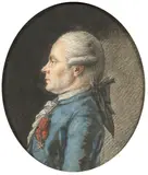 Profil de Pierre Joseph Richard de Lédans (1736 -1816), gouverneur des pages de Madame la Comtesse de Provence, chevalier de Saint-Louis by dit Vallière Jean-François Guillet, Pierre noire, estompe, craie blanche et pastel sur papier, de forme ovale, sold Feb 2022