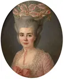 Portrait de femme à la robe rose by Jean François Marie Bellier, Huile sur toile (Toile d'origine), de forme ovale, sold Feb 2022