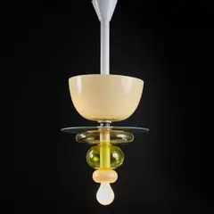 Deckenleuchte 'Firenze' by Ettore Sottsass, 1994, Metallrohr, Metallblech, weiß lackiert, Glas, farblos, gelb, bernsteinfarben und braun (Venini & C., Murano), sold Mar 2024