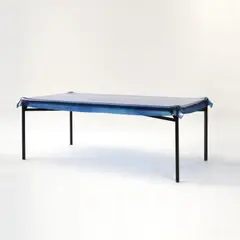 Tisch 'Illusion' by Philippe Starck, 1992, Metallprofile, geschwärzt, Messing, Glas, dunkelblau (Fiam, Pesaro), sold Oct 2023