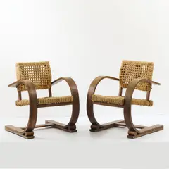 Zwei Armlehnsessel by Adrien Audoux and Frida Minet, 1950, Buchenbugholz, dunkel gebeizt, Sisalkordel (Vibo Vesoul, Marseille), sold Jun 2023