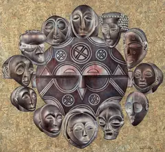 Sans titre (couronne de masques), 2021 by Tsham, Stylo à bille et aquarelle sur papier, sold May 2022