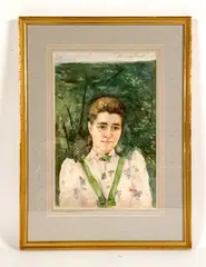 A young woman with forest background by Alfred Cornelius Howland, Watercolor, sold Oct 2022