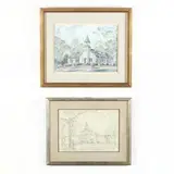 Print and Drawing by W. Stuart Archibald, The first a graphite on paper of a historic church (possibly in Salem, sold Aug 2019