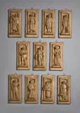 Etudes pour la base du Monument aux Ouvriers by Jules Dalou, Suite de onze bas-reliefs en plâtre patiné, sold Mar 2022