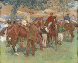 Le paddock avant le derby by Adolphe-Gustave Binet, Aquarelle gouachée, sold Mar 2022