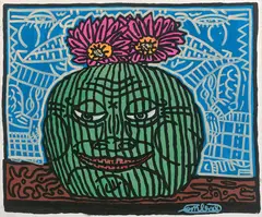 Tête verte aux fleurs by Robert Combas, 1988, Acrylique sur toile, sold Dec 2022