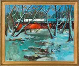 winter landscape with a covered bridge by James Ross, oil on board, sold Dec 2011