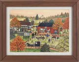 depicting an autumn Amish auction scene by Hattie Klapp Brunner, watercolor and gouache, sold Sep 2011