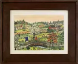 landscape with two children fishing on a bridge by Hattie Klapp Brunner, watercolor and gouache, sold Sep 2011