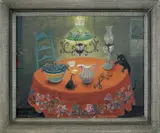 interior scene with cat by David Y. Ellinger, oil on board, sold Sep 2011