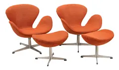 Pair of Swan Chairs with Ottomans by Fritz Hansen, Swan chairs with orange fabric upholstery, sold Sep 2026
