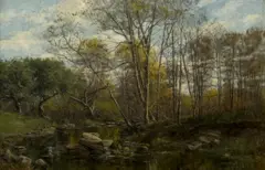 Untitled (Wooded Stream) by Olive Parker Black, oil on panel, sold Oct 2025