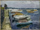 Untitled (Harbor Scene) by Juzefa Katiliūtė, oil on canvas, sold Oct 2025