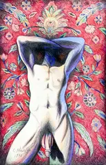 Male Torso with Red Floral Background by Lowell Nesbitt, 1990, pastel and colored pencil on Bainbridge board, sold Oct 2025