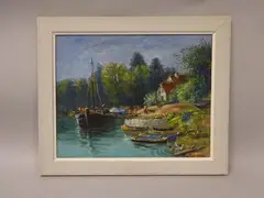 Barques au bord de l'eau by Kamesuke Hiraga, Toile marouflée sur carton, sold May 2016