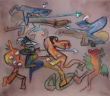 El mas extrano pensamientoque jamas dio loco el mundo by Roberto Matta, 1985, Pastel sur papier marouflé sur toile, sold Dec 2008