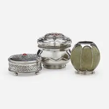 Covered vessel by Omar Ramsden, 1927, handwrought silver, enamel, sold Nov 2023