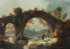 An Italianate landscape with washerwomen at a river, a bridge beyond by J * Mourell, oil on canvas, sold Oct 2011