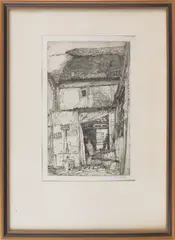 titled {Old Cottage Ely} by Muirhead Bone, drypoint, sold Jun 2011