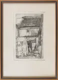 titled {Old Cottage Ely} by Muirhead Bone, drypoint, sold Jun 2011