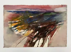 Untitled (Abstract in Red, Blue, and Orange) by Michael Loew, 1973, watercolor on paper, sold Dec 2025