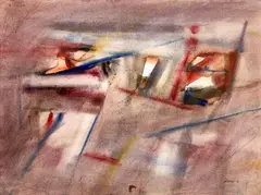 Untitled (Abstract Composition in Red and Blue) by Michael Loew, 1973, watercolor on paper, sold Dec 2025