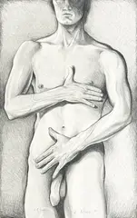 Untitled (Male Nude) by Lowell Nesbitt, 1974, graphite on artist's board, sold Dec 2025