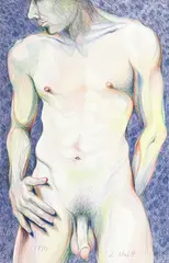 Untitled (Nude Male) by Lowell Nesbitt, 1990, colored pencil and pastel on Bainbridge board, sold Dec 2025