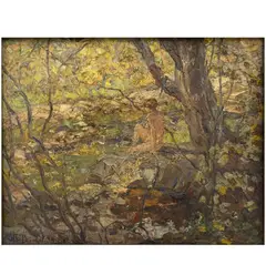 Untitled (Lady in the Woods) by Otto Bierhals, oil on panel, sold Feb 2026