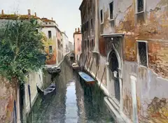 Untitled (Venice Canal) by Claudio Simonetti, oil on canvas (unstretched), sold Feb 2026