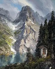 Lake House in the Mountains by Herbert August Uerpmann, oil on canvas (unstretched), sold Feb 2026