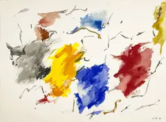 Untitled (Abstract in Red, Blue, Yellow, and Black) by Michael Loew, 1983, watercolor on paper, sold Mar 2026