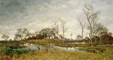 Paysage de marais au héron by Eugène Plasky, Toile signée en bas à gauche, sold Nov 2008